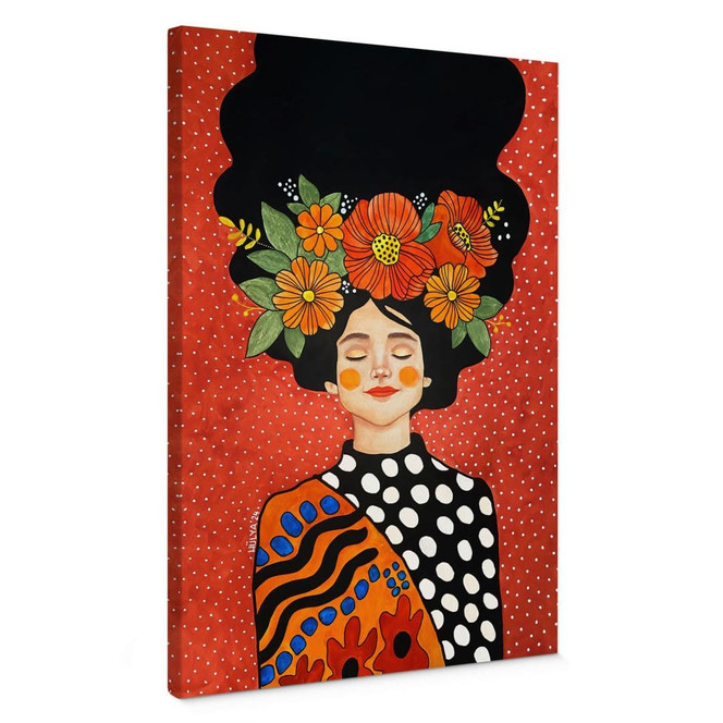 Leinwandbild Lächelnde Frau mit orangen Blumen - Hülya