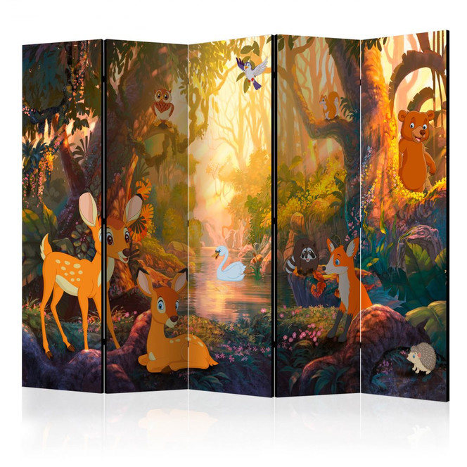 Paravent, Raumteiler freistehend, Trennwand - Tiere im Wald, 5-teilig - 225 x 172 cm
