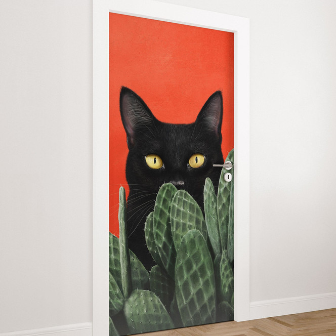 Türfolie Schwarze Katze im Kaktus-Versteck - Korenkova