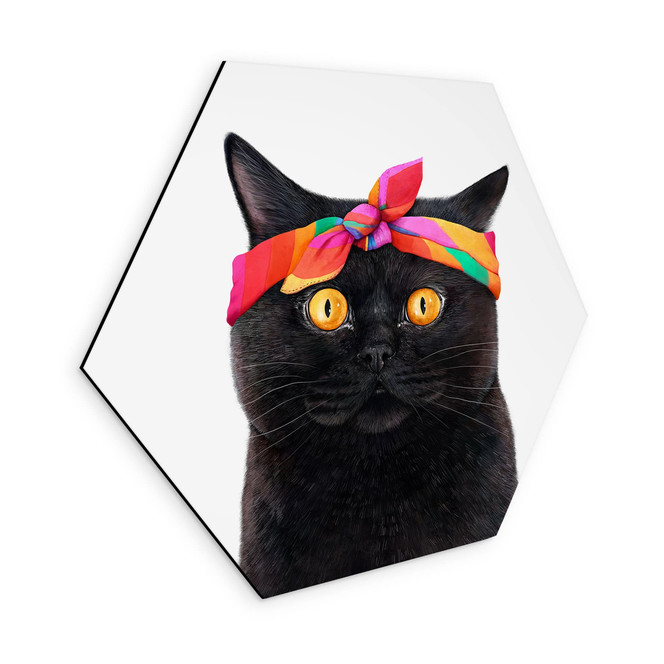 Hexagon Wandbild Schwarze Katze mit Bandana - Korenkova - Alu-Dibond