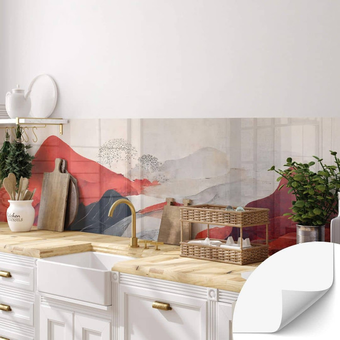 Selbstklebende Küchenrückwand Treechild - Rote Berge im Japandi Stil