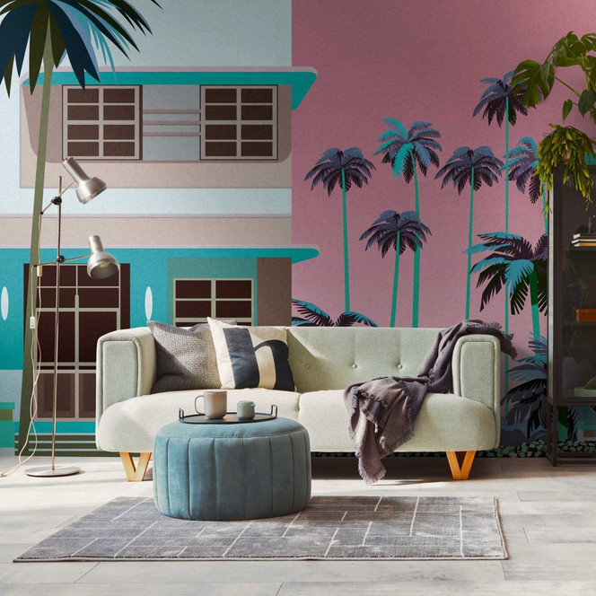 Fototapete Miami Retro Bunt - Vliestapete mit Palmen und Häusern für Wohnzimmer & Büro