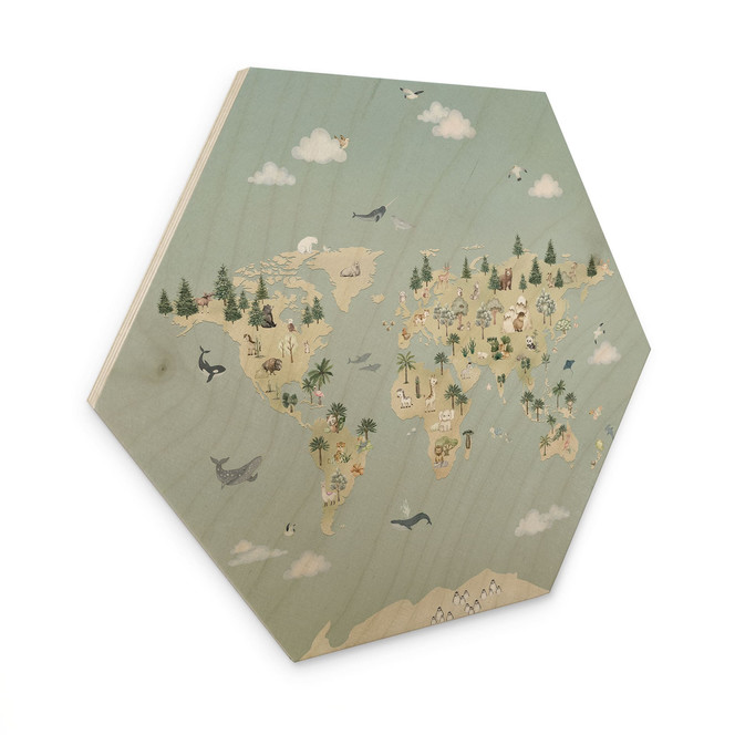 Hexagon Holzbild Weltkarte - Welt der Tiere - Oliver Robins