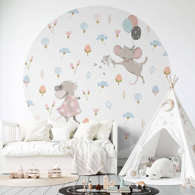 Kinderzimmer Fototapete - Kleine Mäuse mit Luftballons - UN Designs - Rund - Selbstklebend/Vlies