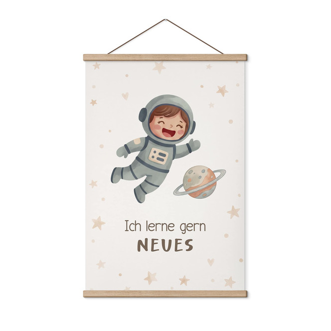 Stoffbild mit Astronautin - Glaubenssatz "Ich lerne gern Neues" für Kinder