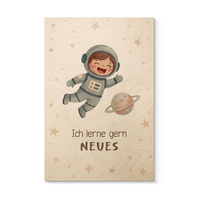 Holzbild mit Astronautin - Glaubenssatz "Ich lerne gern Neues" fürs Kinderzimmer