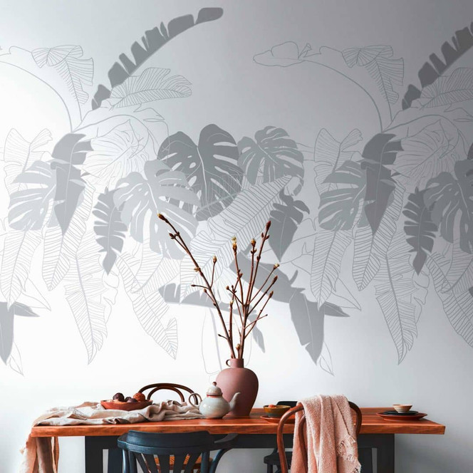 Palmentapete Weiss Grau - Tapete Palmenblätter Floral - Vliestapete Pflanzen Natur