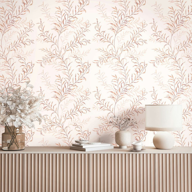 Vliestapete Blätter Floral Natur matt in Weiss Rosa Beige