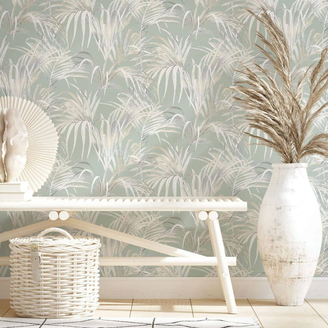 Vliestapete mit Blattmotiv auf Strukturbasis grün, beige Floral