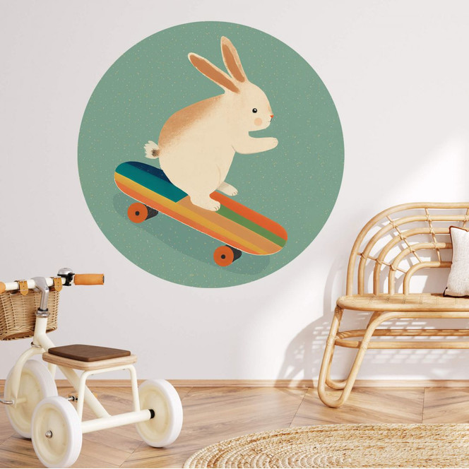 Wandtattoo Treechild - Niedlicher Hase auf einem Skateboard - Rund