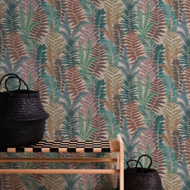 Mustertapete mit Farnblättern Bunt - Florale Tapete Grün Blau Lila