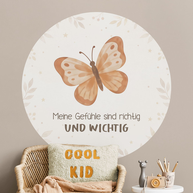 Rundes Wandtattoo mit Schmetterling - Kraftsatz "Meine Gefühle sind richtig und wichtig" fürs Kinderzimmer