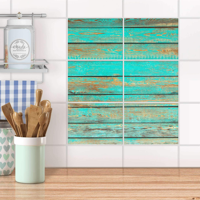 Fliesenfolie quer - Wooden Aqua
