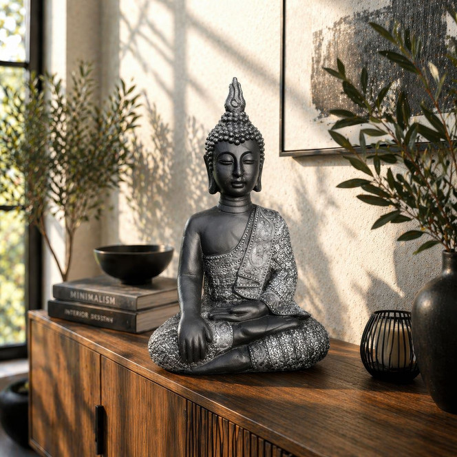 Gartendeko Thai Buddha Kunststein Schwarz, Silber- 29x18x45cm - Bild - 1