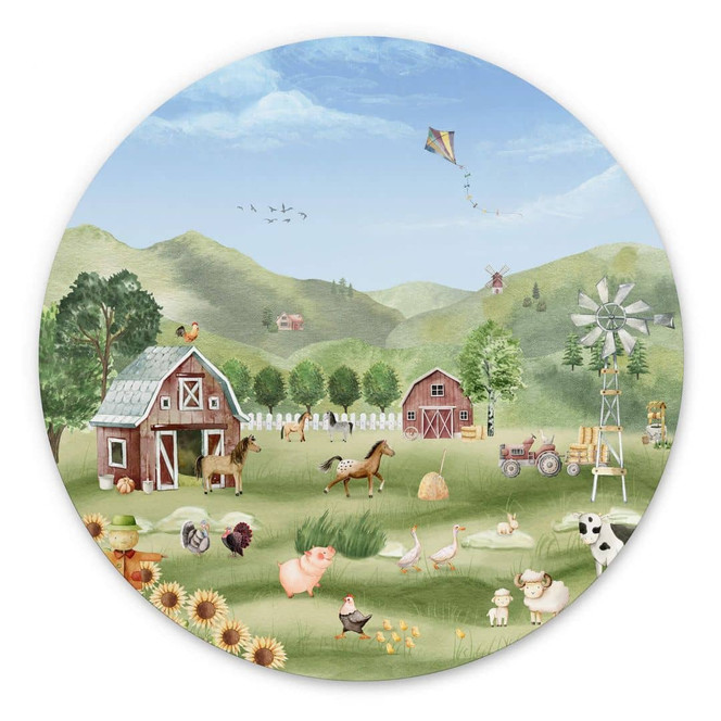 Rundes Wandbild Oliver Robins - Bunter Bauernhof mit Tieren - Alu-Dibond