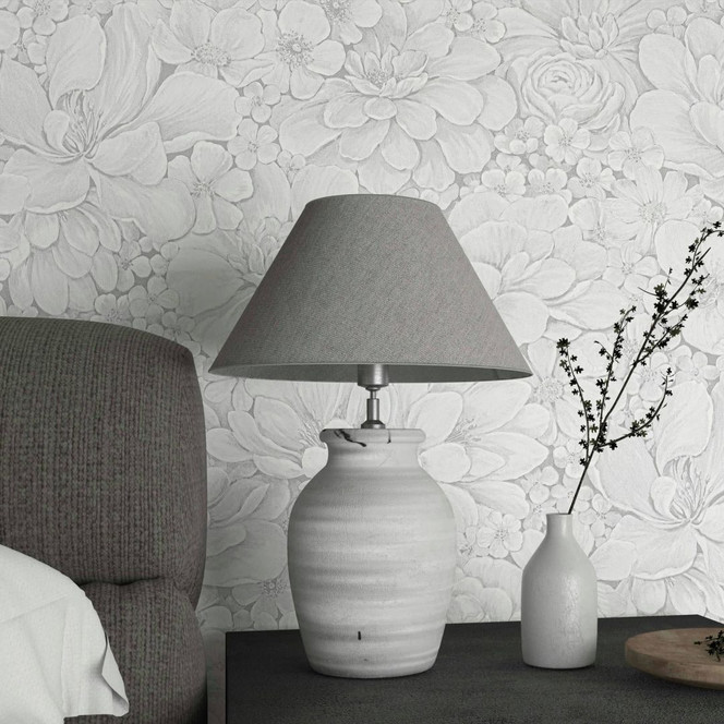 Vliestapete mit stark strukturiertem Blattmotiv weiss Floral