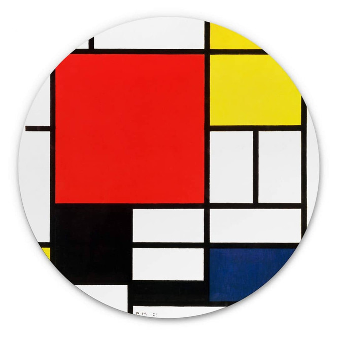 Alu-Dibond Mondrian - Komposition mit Rot Gelb Blau und Schwarz - Rund