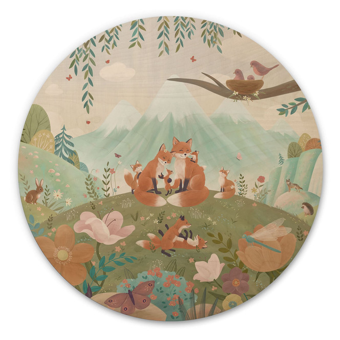 Holzbild Fuchs Familie auf der Blumenwiese - Oliver Robins - Rund