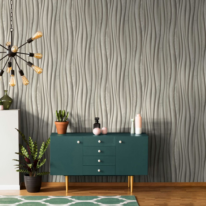 Vliestapete in beige 3D-Effekt Holzoptik Paneel Gewebestruktur Holz Modern