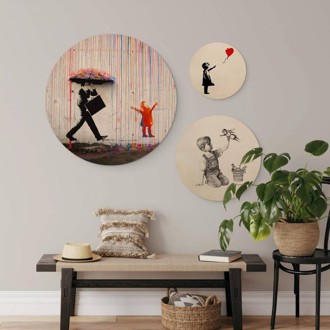 Holzbild Banksy - Streetart Set - Rund (3-teilig)