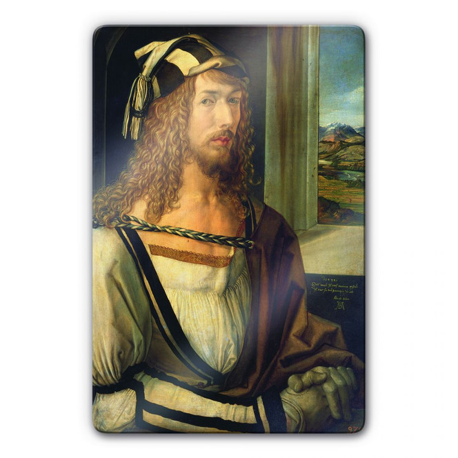 Glasbild Dürer - Selbstbildnis mit Landschaft