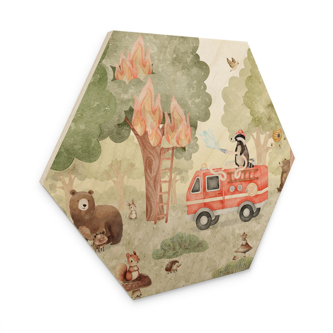 Hexagon Holzbild Tier-Feuerwehr im Wald - Oliver Robins