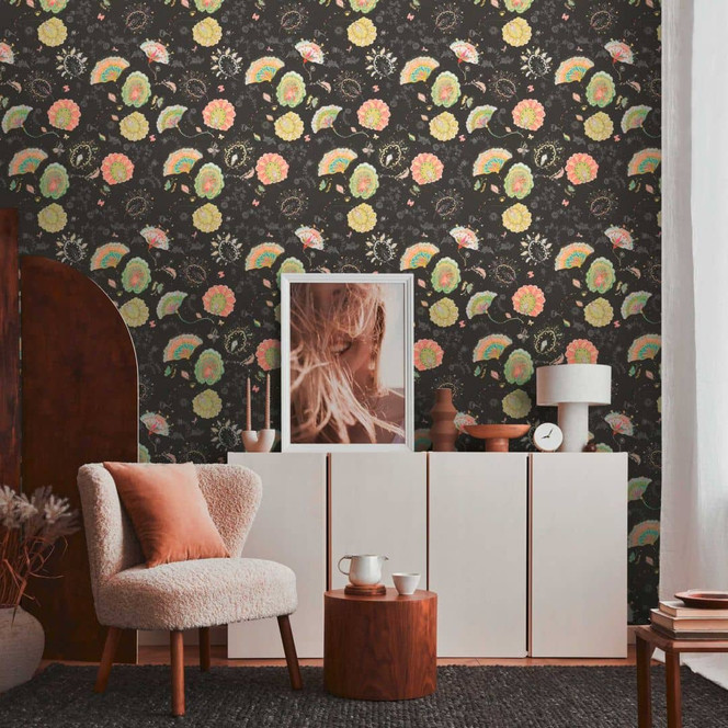 Florale Tapete Bunt - Blumen Tapete Schwarz - Naturtapete Büro Pflanzen