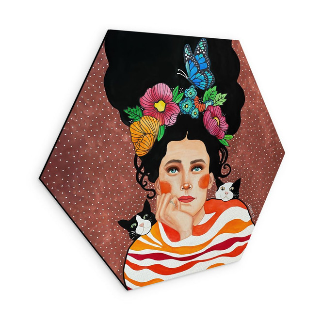 Hexagon Wandbild Frau mit Blumenkrone und Katzen - Hülya - Alu-Dibond
