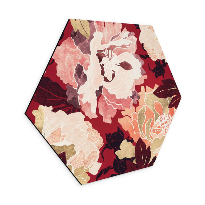 Hexagon Wandbild Pfingstrosen mit grossen Blüten - SpaceFrog Designs - Alu-Dibond