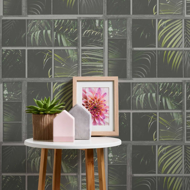 Livingwalls Vliestapete Industrial Palmentapete grau, grün, schwarz