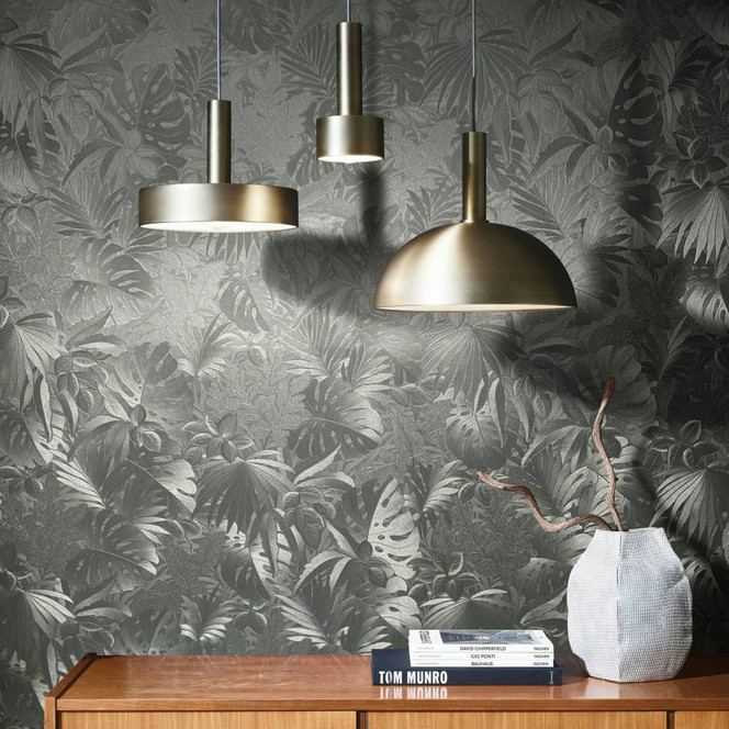 Vliestapete mit glänzenden Blättern metallisch platin Floral