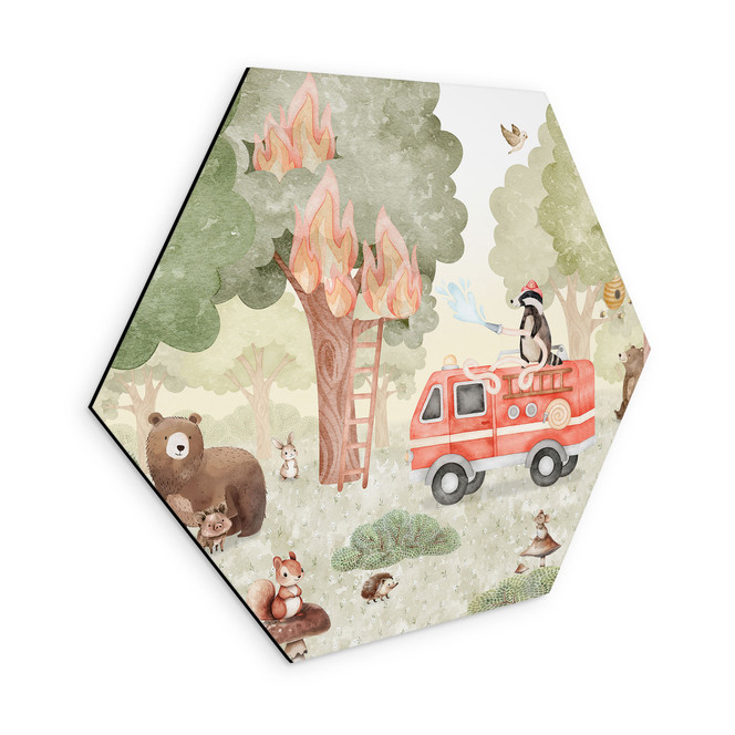 Hexagon Wandbild Tier-Feuerwehr im Wald - Oliver Robins - Alu-Dibond
