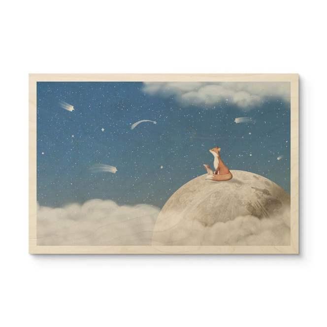 Holzbild Fuchs auf dem Mond mit Sternschnuppen - Oliver Robins
