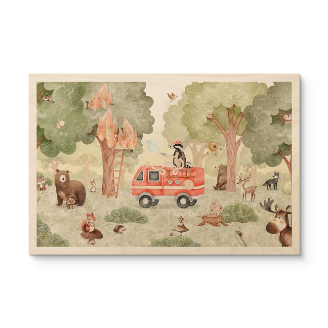 Holzbild Tier-Feuerwehr im Wald - Oliver Robins