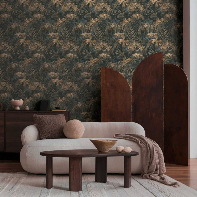 Palmen-Tapete Schwarz Gold - Vliestapete mit tropischem Muster und edlem Glanz