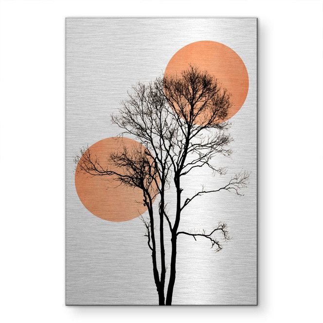 Alu-Dibond gebürstet mit Silbereffekt - Sonne und Mond in Orange - Kubistika