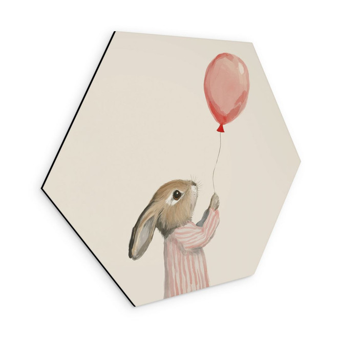Hexagon Wandbild Süsser Hase mit Luftballon - Treechild - Alu-Dibond