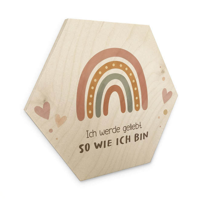 Holzbild Hexagon mit Boho-Regenbogen - Bestärkung "Ich werde geliebt"