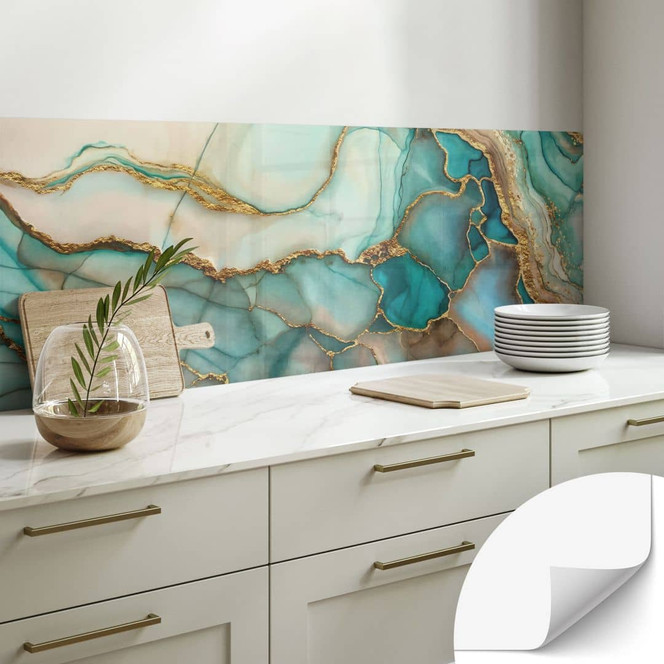 Selbstklebende Küchenrückwand Marmorierte Wellen in Türkis und Gold - Haase