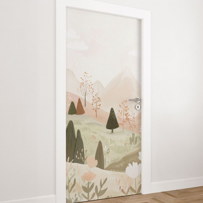 Türfolie Pastell Berglandschaft mit Blumen - Treechild