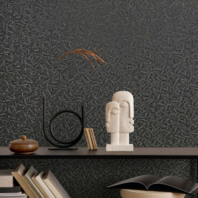 Vliestapete 3D-Optik, Blattmotiv Floral Klassisch in Schwarz 