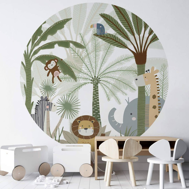 Fototapete fürs Kinderzimmer Niedliche Tiere im Dschungel - Oliver Robins - Rund - Selbstklebend/Vlies