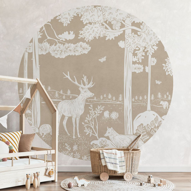 Fototapete Herbstlicher Wald mit Hirschen und Füchsen - Braun - Kikki Belle - Rund - Selbstklebend/Vlies