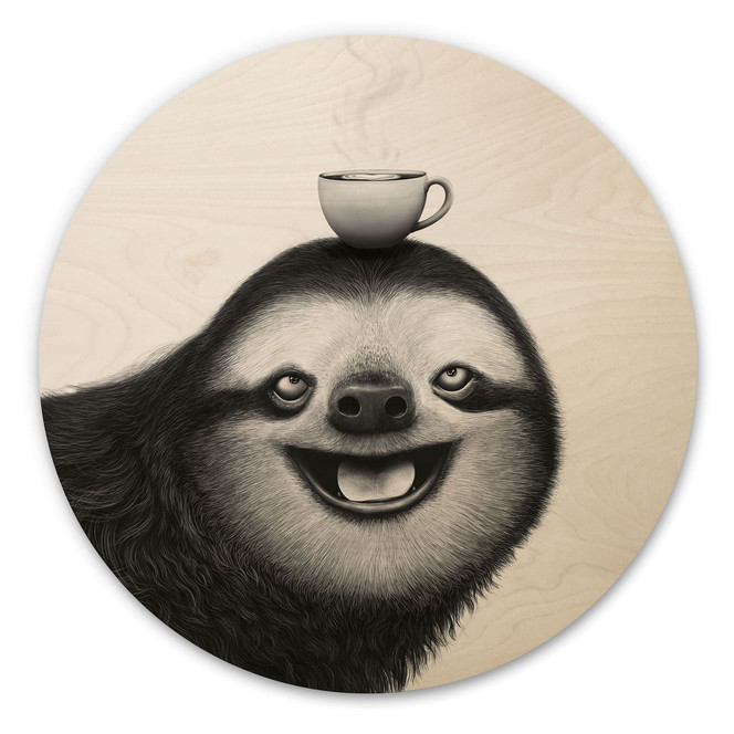 Holzbild Fröhliches Faultier mit Kaffee - Korenkova - Rund