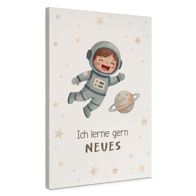 Leinwandbild mit Astronautin - Affirmation "Ich lerne gern Neues" für das Kinderzimmer