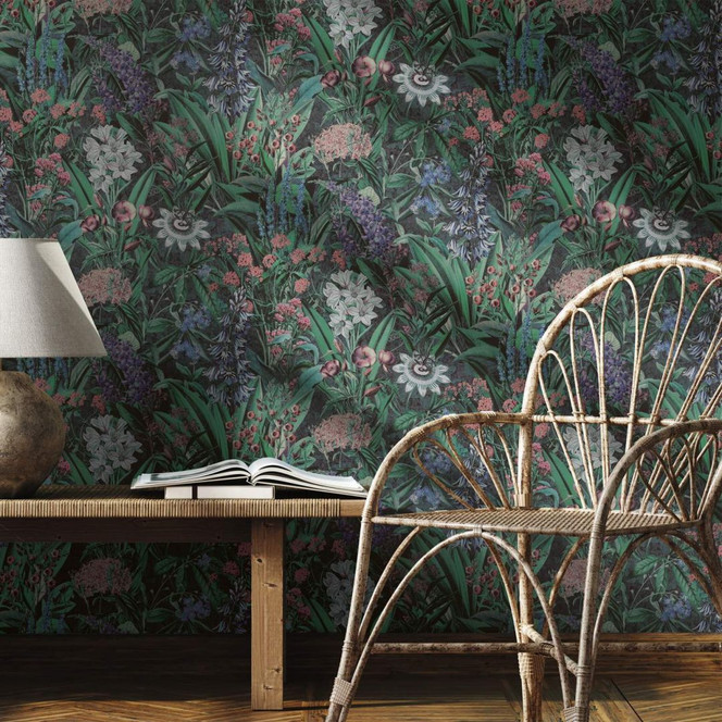 Vliestapete mit bunter Blumenwiese schwarz, grün Floral