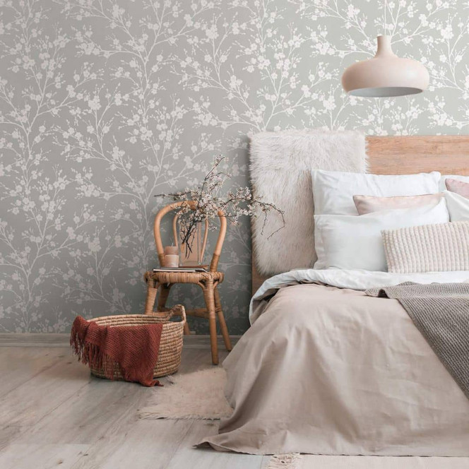 Vliestapete mit leicht glänzendem Blattmotiv grau Floral