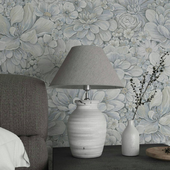 Vliestapete mit stark strukturiertem Blattmotiv blau Floral