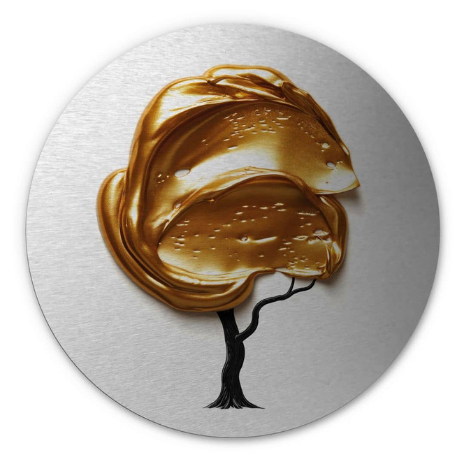 Wandbild mit Silbereffekt Baum mit goldener 3D-Krone - Mielu - Alu-Dibond Rund