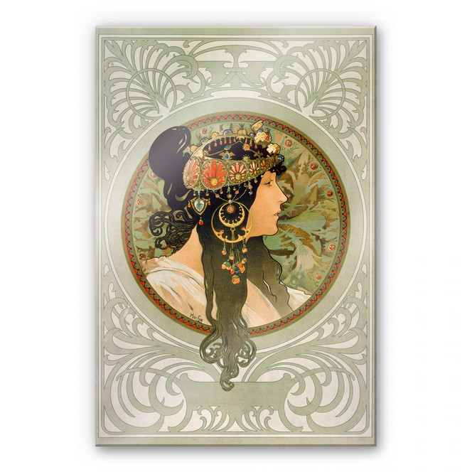 Acrylglasbild Mucha - Die Brünette